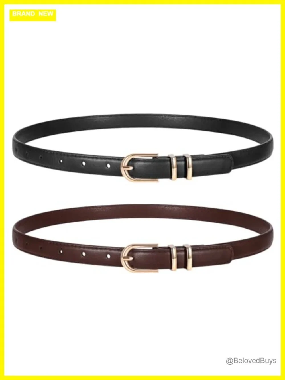 Women 2 Pack Skinny Faux Leather Belts Gold Buckle